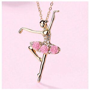Ballet Dancer Necklace With Pink Flower Dress & Crystals Gold Tone Pendant